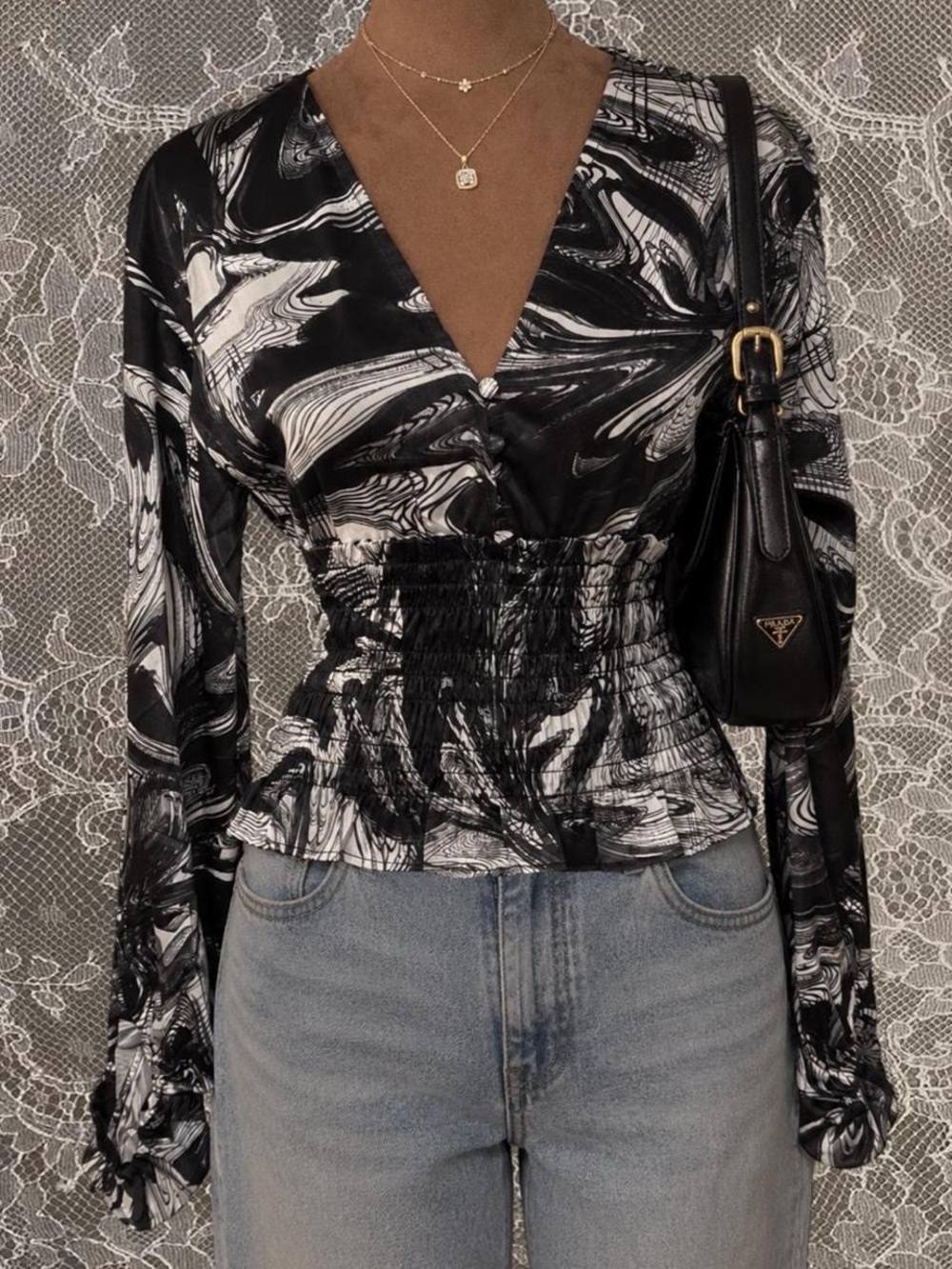 NWT Steve Madden Marisol Smocked Waist Blouse Black White Marble XS